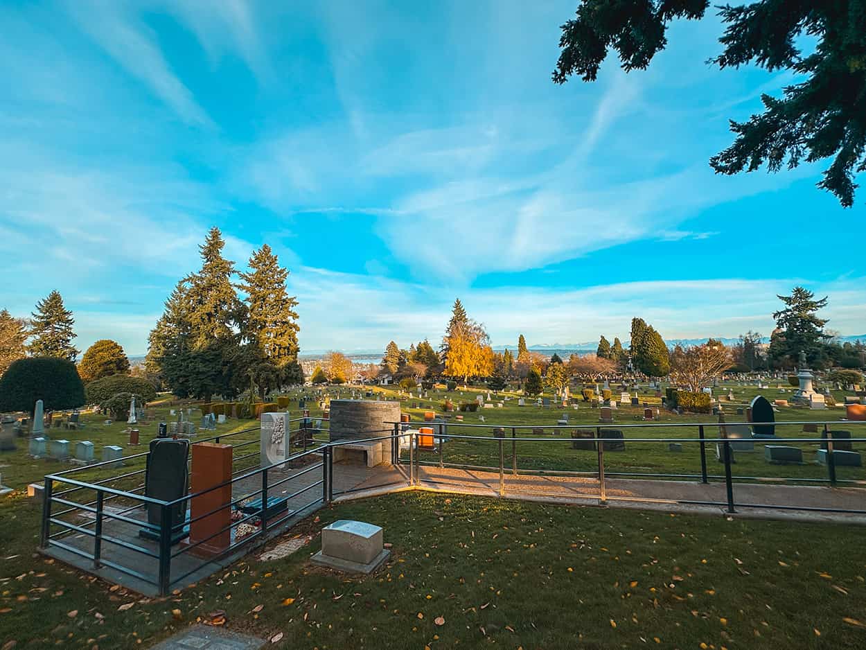 View from Bruce Lee and Brandon Lee grave sites in Lakeview Cemetery in Seattle- Photo credit Keryn Means, a travel expert at TwistTravelMag.com