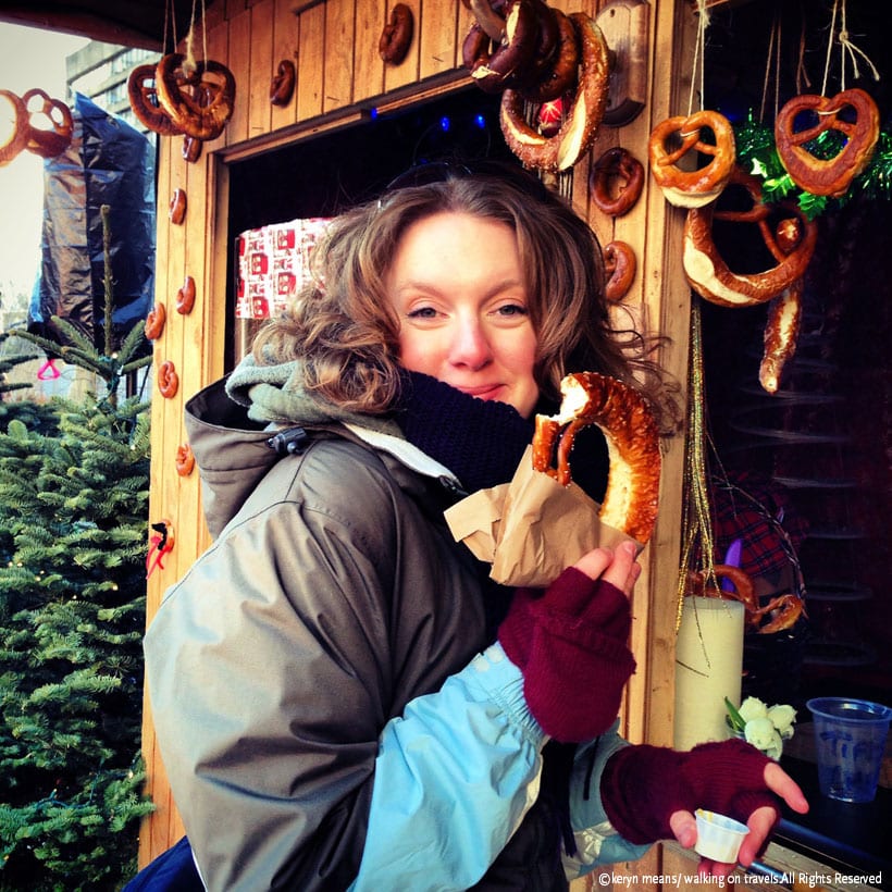 Munching on a German pretzel at the Vancouver Christmas Market