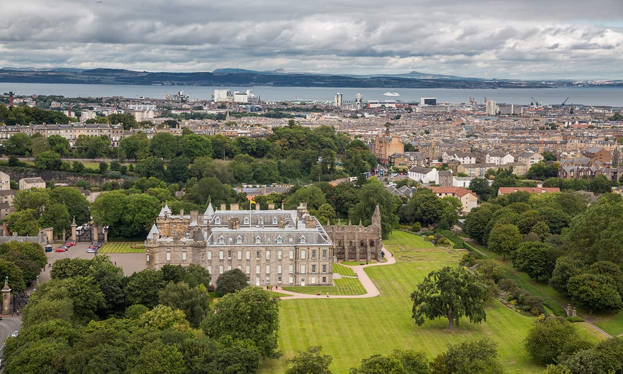 View of Holyrood Palace from Arthurs Seat in Edinburgh Scotland