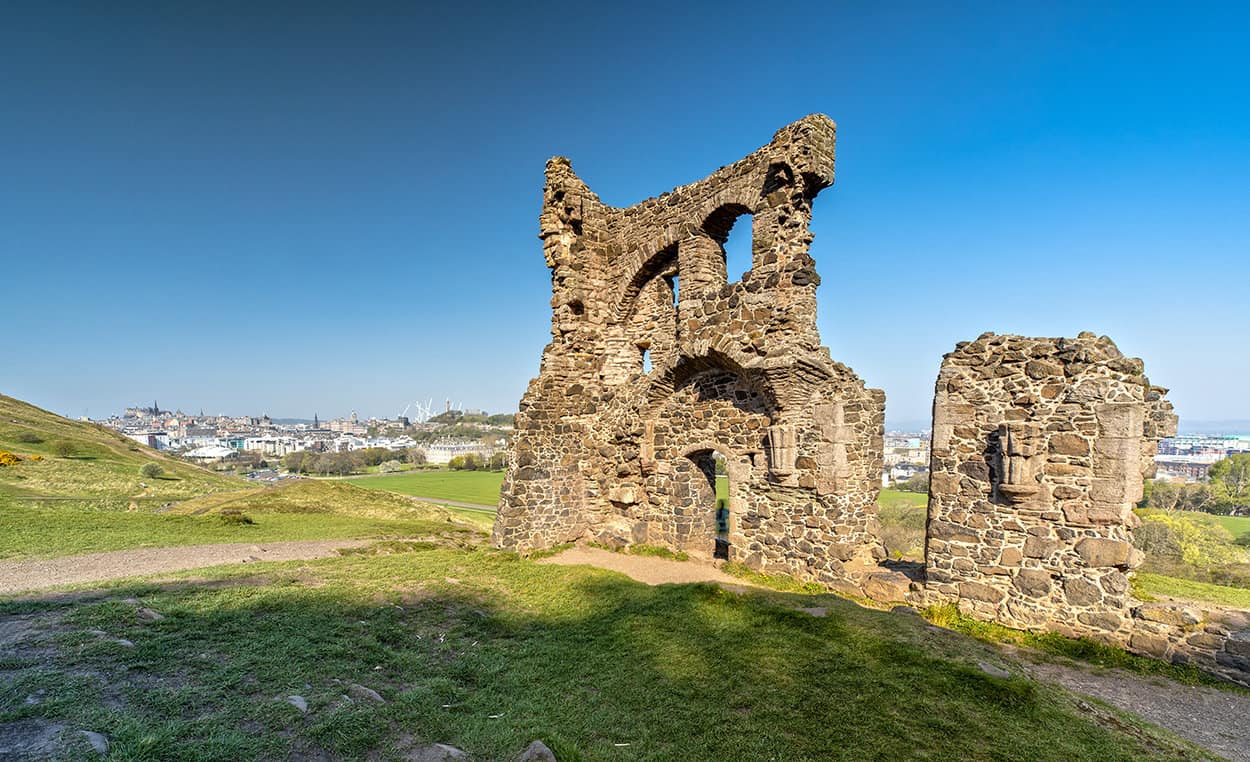 St Anthony's Chapel Ruins in Holyrood Park while climbing Arthur's Seat in Edinburgh Scotland