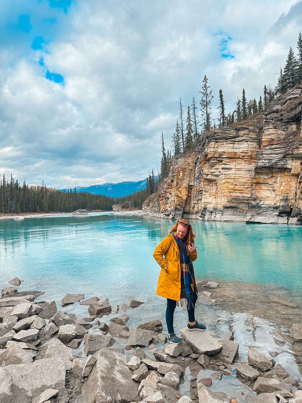 Keryn Means at Athabasca Falls in Jasper National Park Alberta Canada- photo credit Keryn Means of Twist Travel Magazine