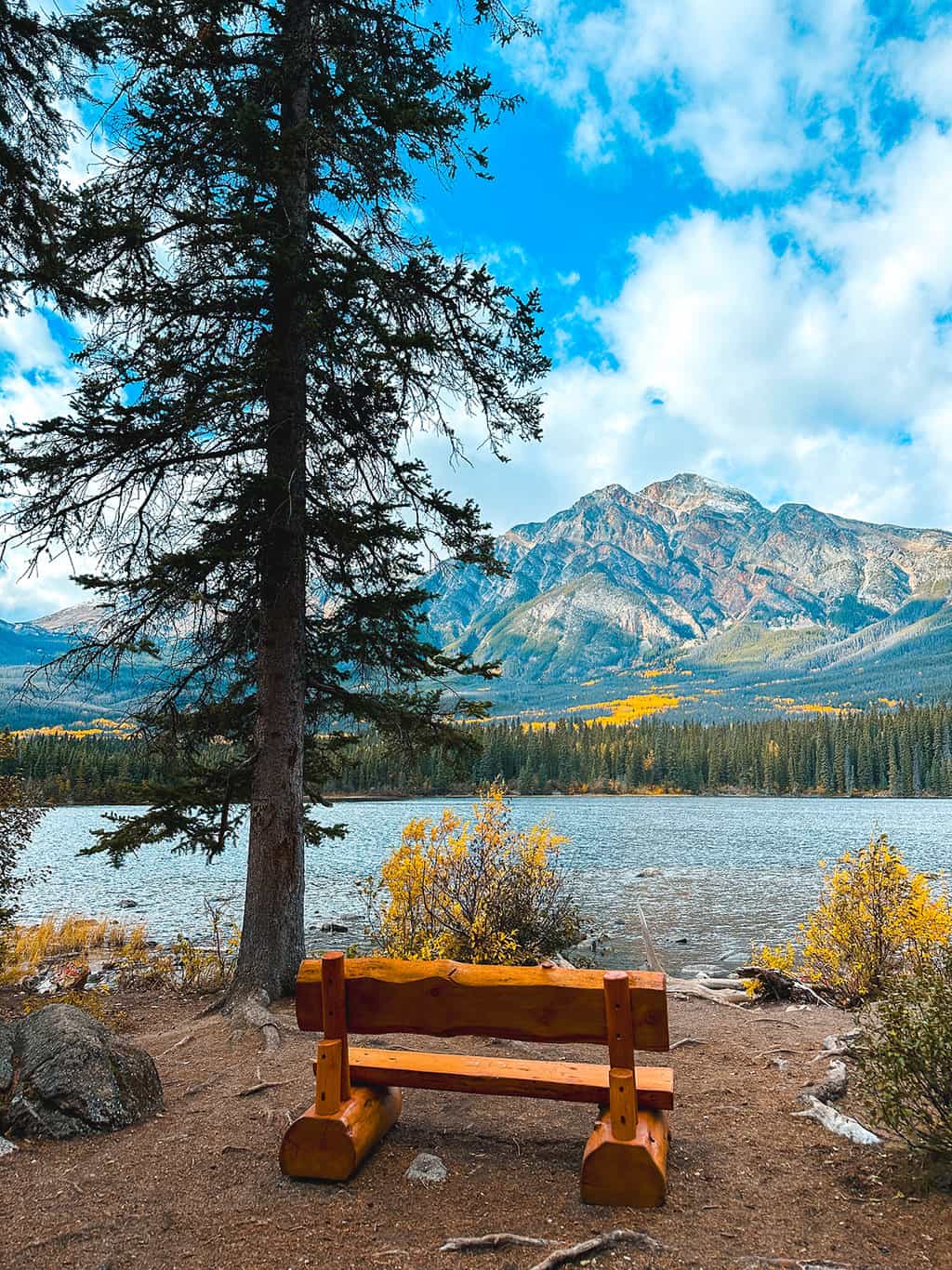 Pyramid Island in Pyramid Lake in Jasper National Park Alberta Canada