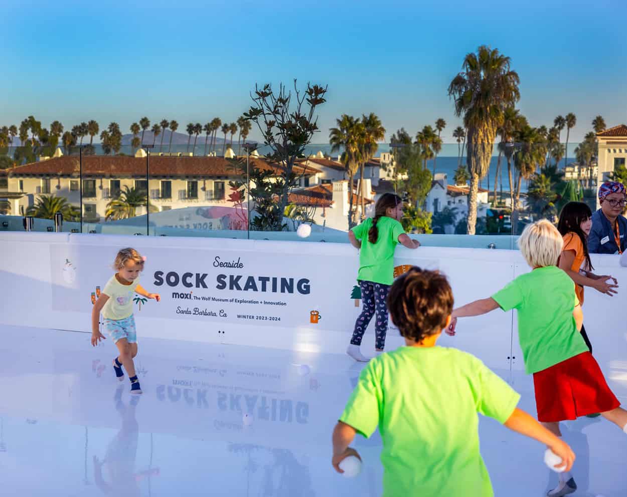 Kids at Moxi Sock Ice Skating in Santa Barbara California