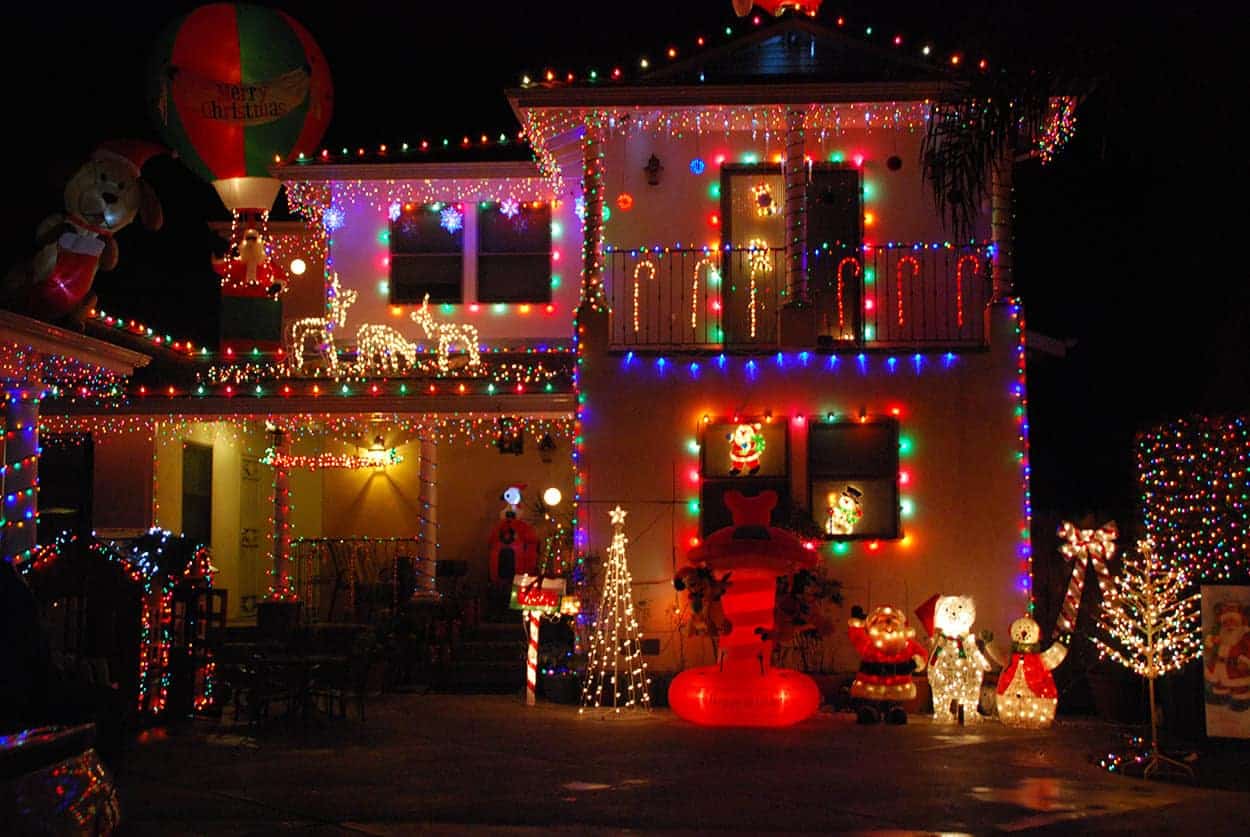 A house with Christmas lights in the annual Christmas Trolley of Lights tour