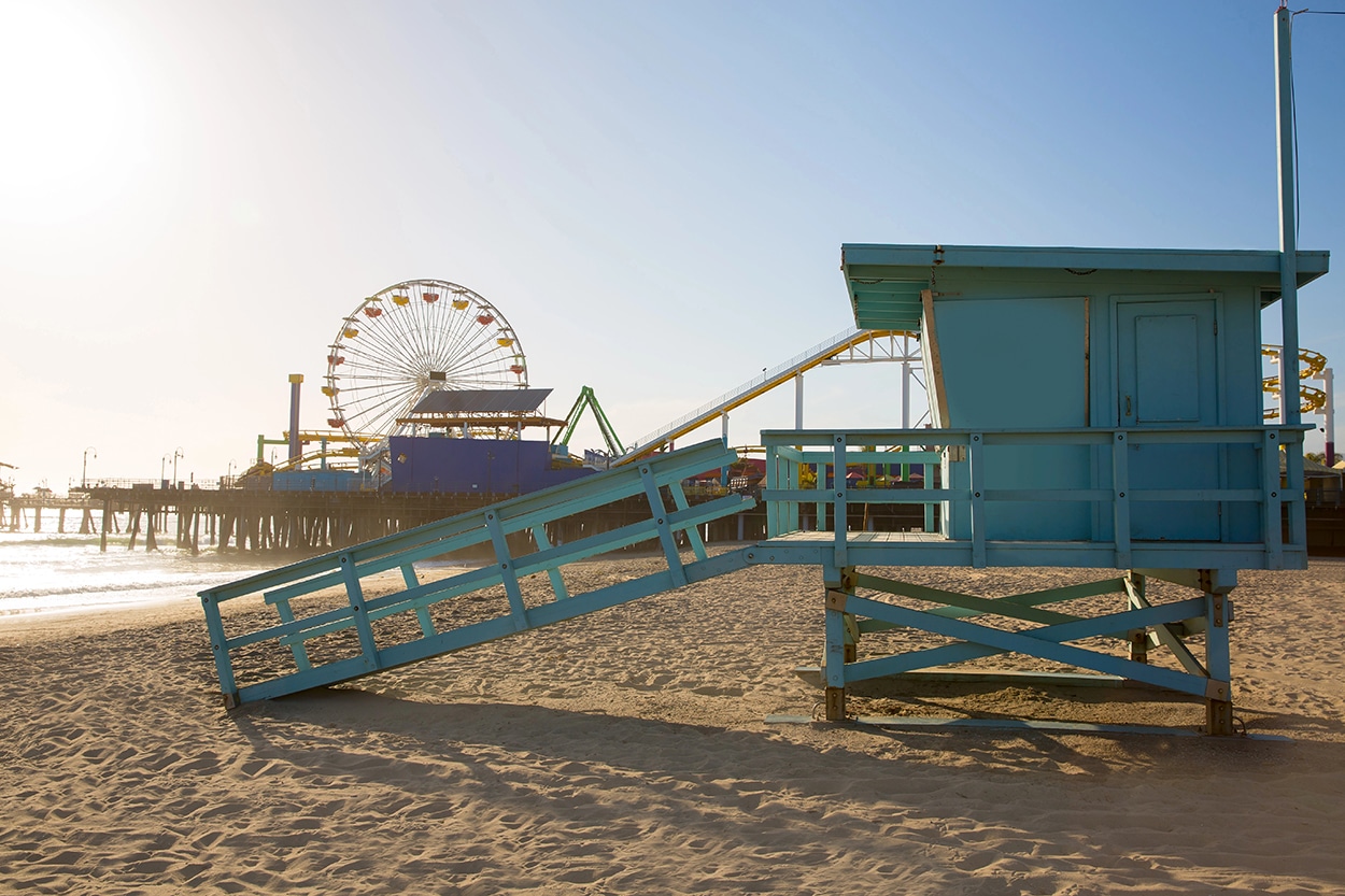 Santa Monica lifeguard stand with the Santa Monica Pier in the background