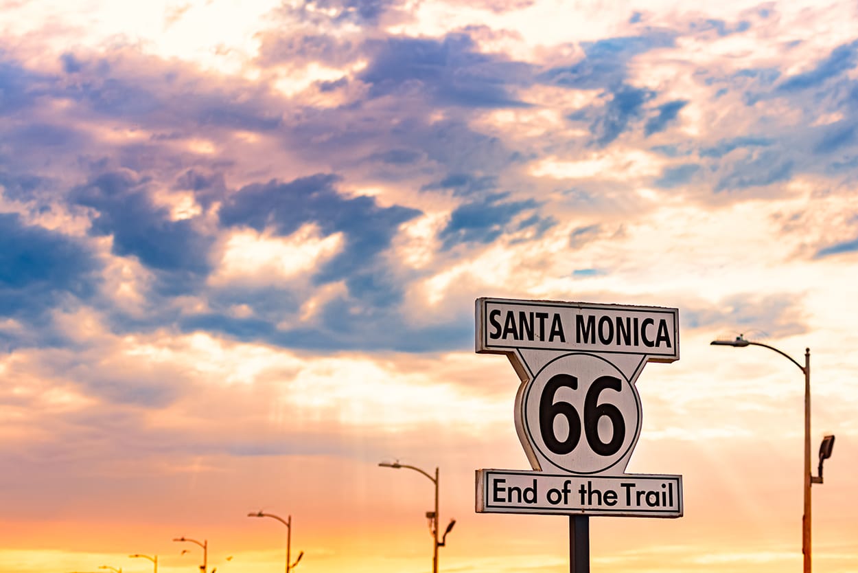 The Route 66 END of the Trail sign in Santa Monica