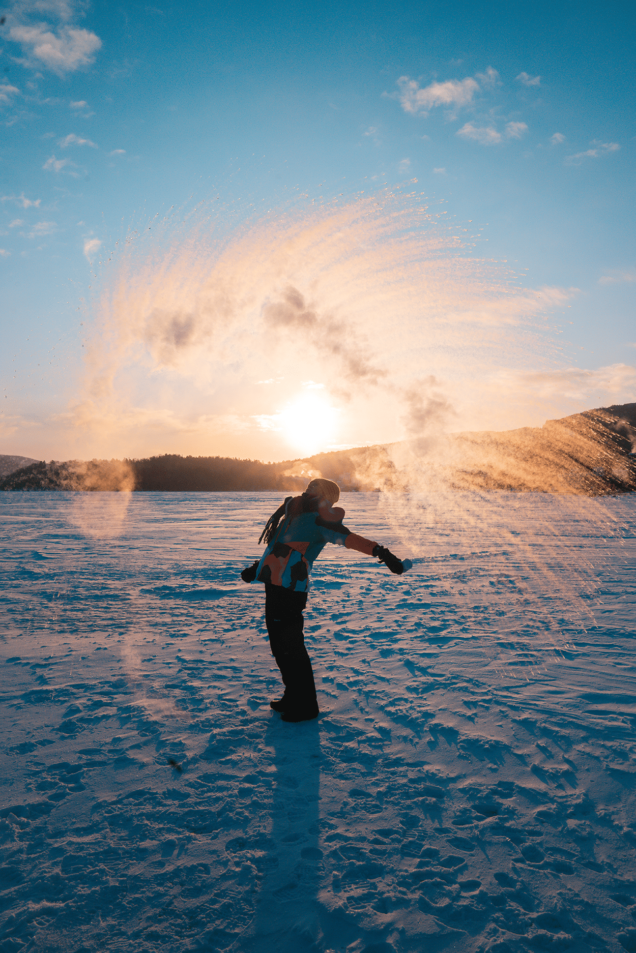 Keryn at sunrise on frozen Lake Akan- credit Keryn Means