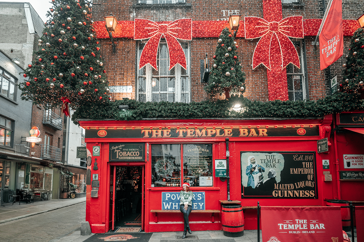 Your Ultimate Ireland Christmas Market Road Trip Itinerary 18 Keryn in a Christmas sweater in front of Temple Bar