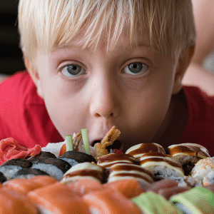 Kid eating sushi and sashimi