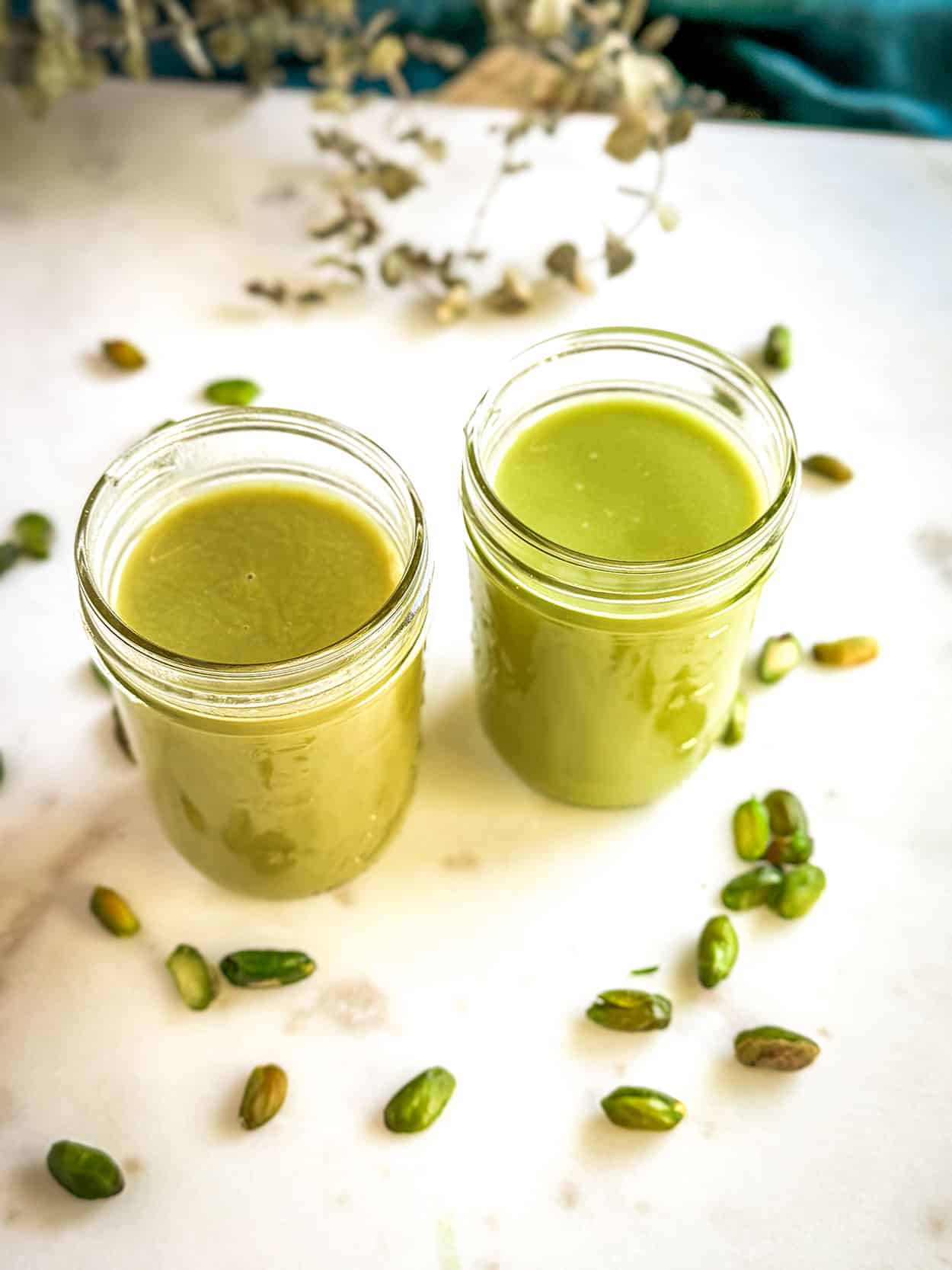 Pistachio Simple Syrup 4 Color of pistachio simple syrup with the brown skins left on and the skins blanched off